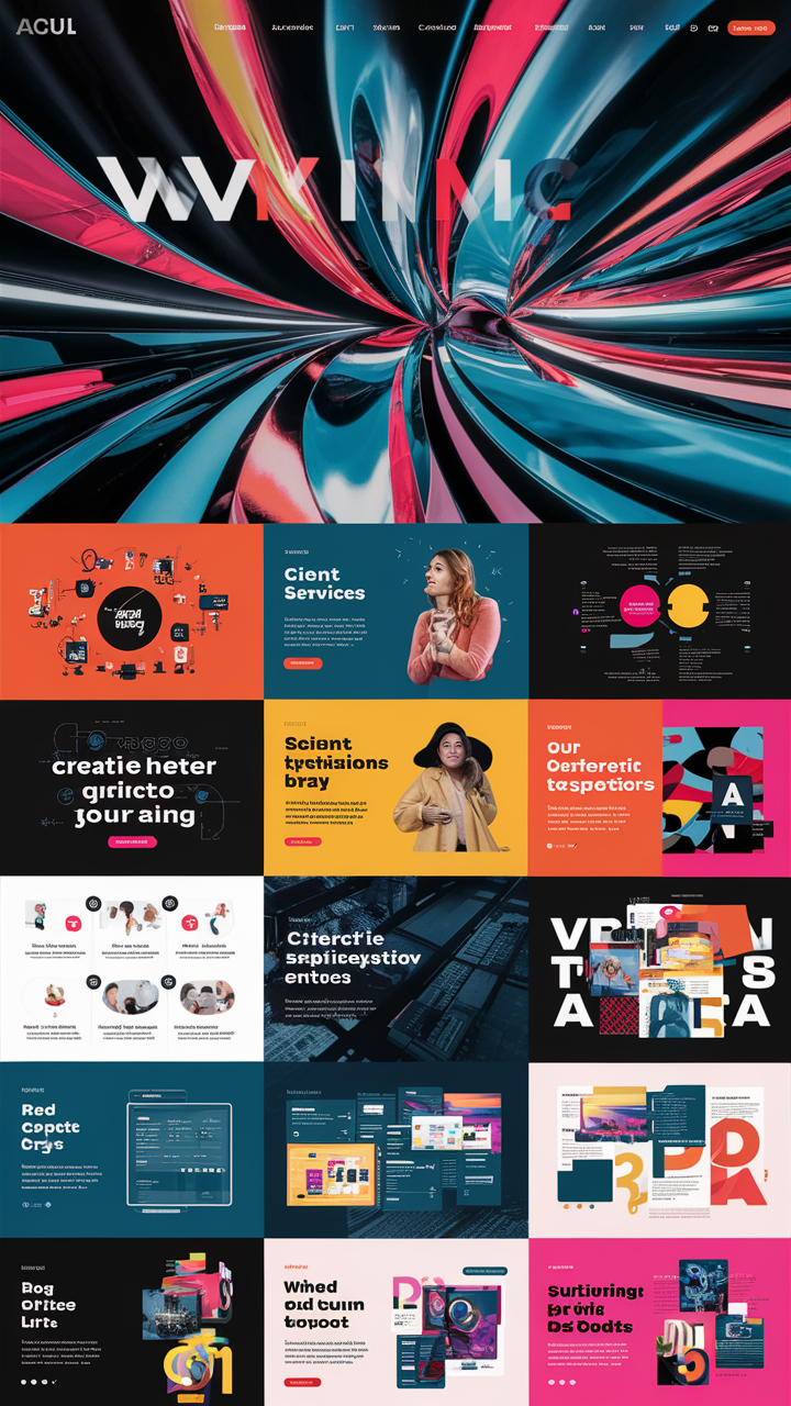 A vibrant and interactive website designed for a creative agency, showcasing a portfolio of projects in a visually stunning way. The homepage features a dynamic slideshow of bold imagery that highlights the agency’s best work, with smooth transitions and subtle animations that draw users in. The layout is grid-based, with sections dedicated to services, client testimonials, and case studies, each accompanied by striking visuals and engaging copy.
The color scheme is a mix of bright, energetic hues balanced with sleek black and white elements, creating a modern feel. A sticky navigation bar at the top provides easy access to various sections, including ‘Services,’ ‘Our Work,’ ‘Blog,’ and ‘Contact.’ Each service page includes eye-catching icons and infographics that simplify complex information, while the blog section features an elegant layout with large featured images and easy-to-read typography.
Interactive elements such as hover effects and buttons invite user engagement, while an integrated chat feature allows visitors to connect directly with the team. The website is fully responsive, ensuring that it looks great on any device, from desktops to smartphones. At the bottom, social media icons encourage users to follow the agency on various platforms, fostering a sense of community created by AI