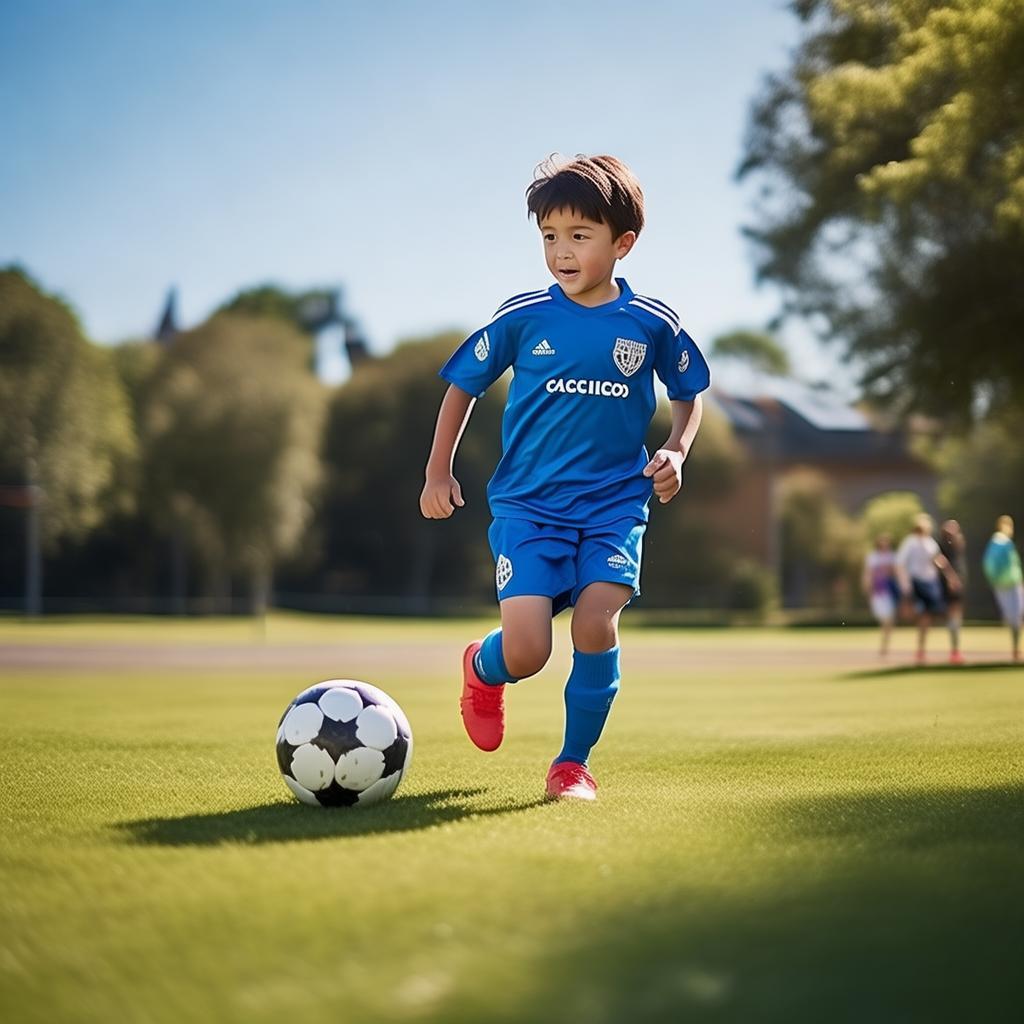 un bambino che gioca acalcio con maglietta azzurra con scritto CALCIO LIDO created by AI