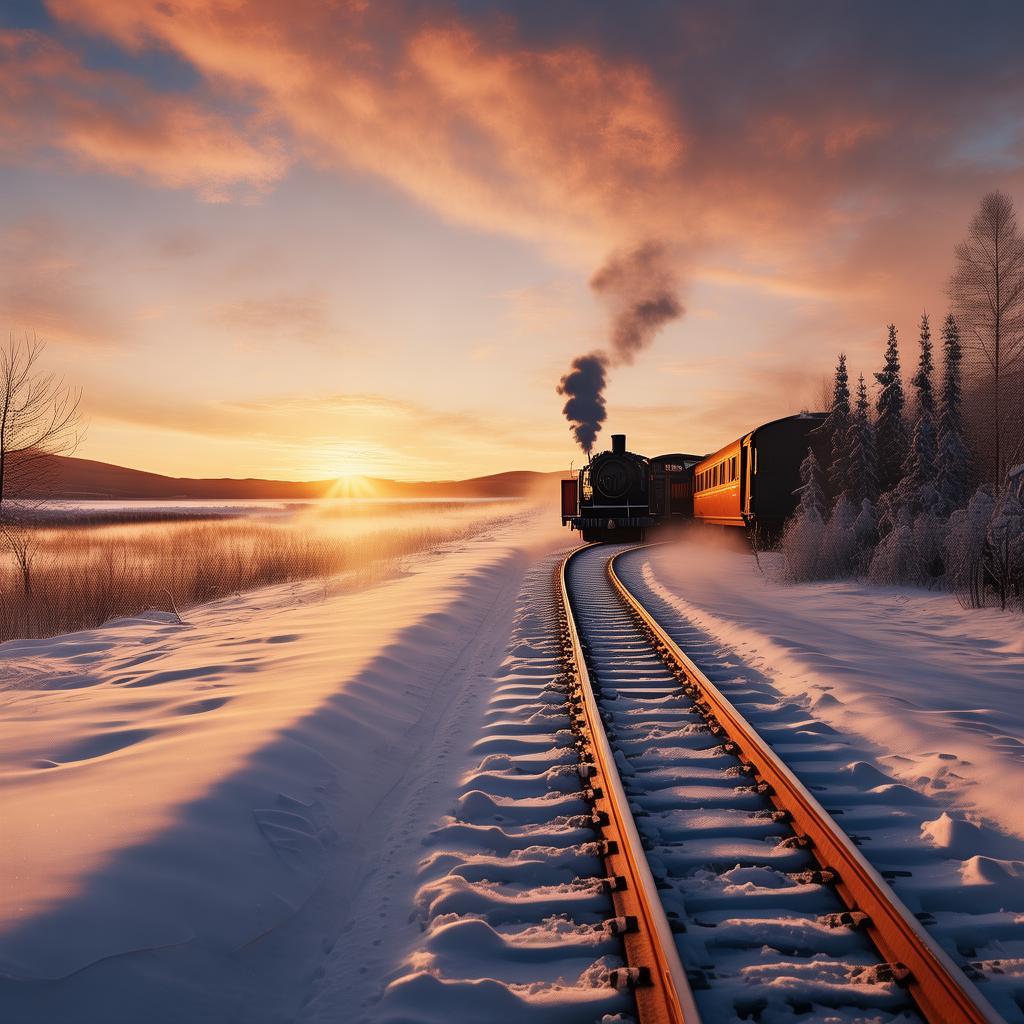 crea l'immagine di un treno in lontananza che sta arrivando verso di me. Io mi trovo sulle rotaie del treno e sto guardando il treno arrivare. L'immagine non deve contenere la mia persona . Il paesaggio circostante è tutto innevato e dalla neve sorgono alcuni alberi. created by AI