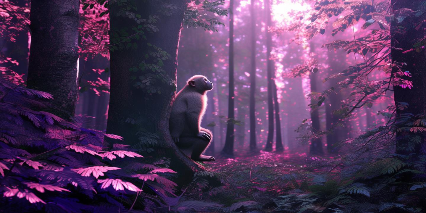 Give me a wallpaper colour that is a mix of purple and dark green , make it warm and beautiful, add trees and nature and a monkey created by AI