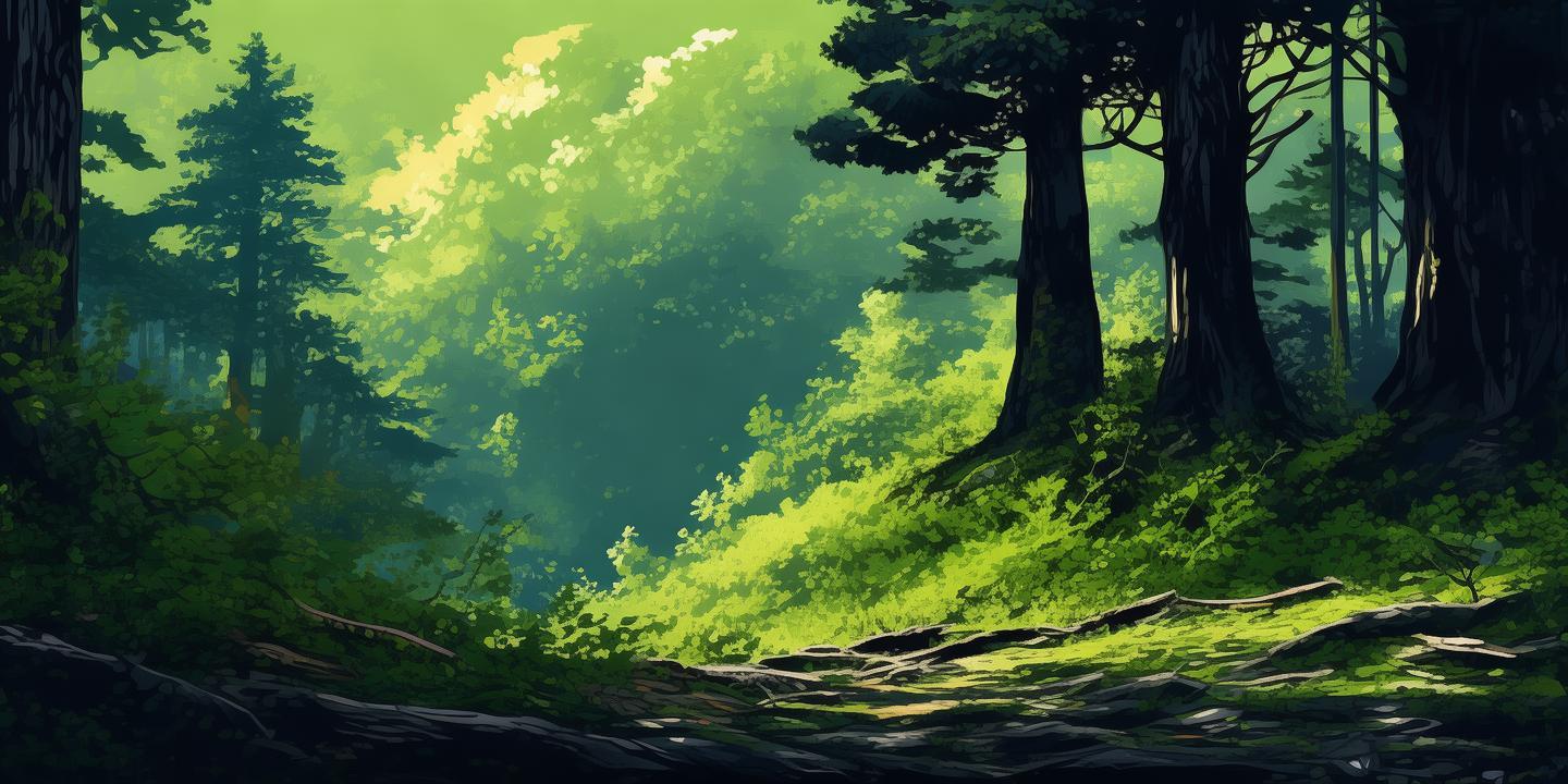 Give me a wallpaper colour that is a mix of purple and dark green , make it warm and beautiful, add trees and nature  add more dark green 
 created by AI