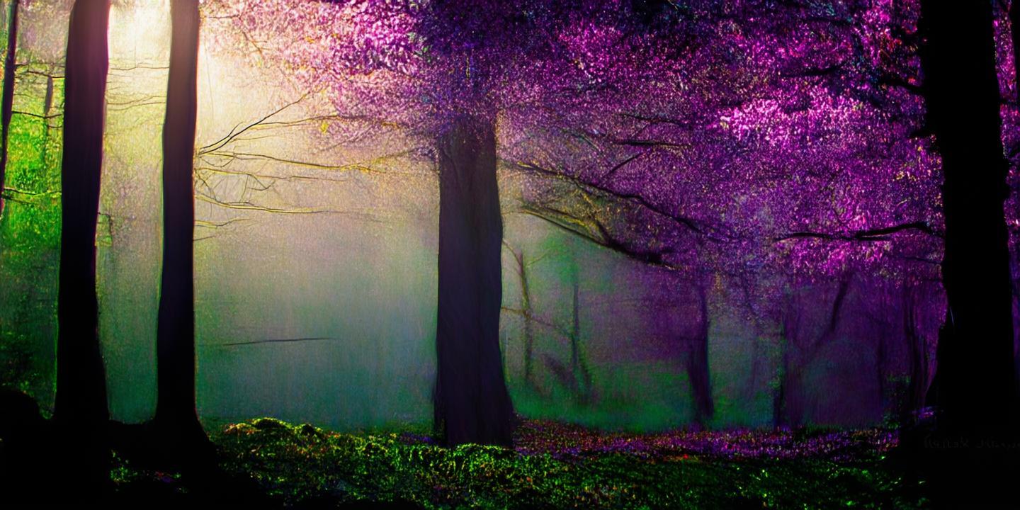 Give me a wallpaper colour that is a mix of purple and dark green , make it warm and beautiful, add trees and nature 
 created by AI