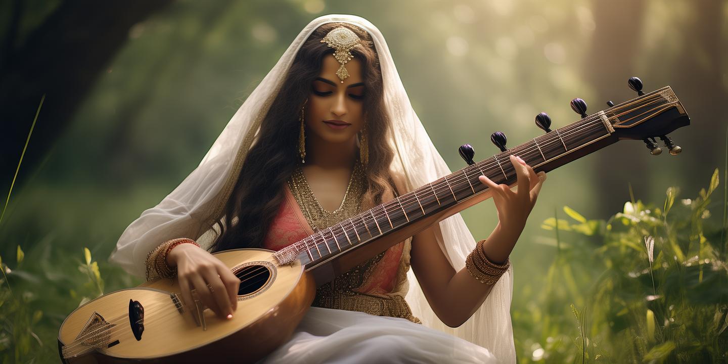 a goddess indian women, wearing a white saree and gold and playing a sitar in full ecstacy. a front view of the image, sitar in a forest , with her head covered from the saree cloth, created by AI