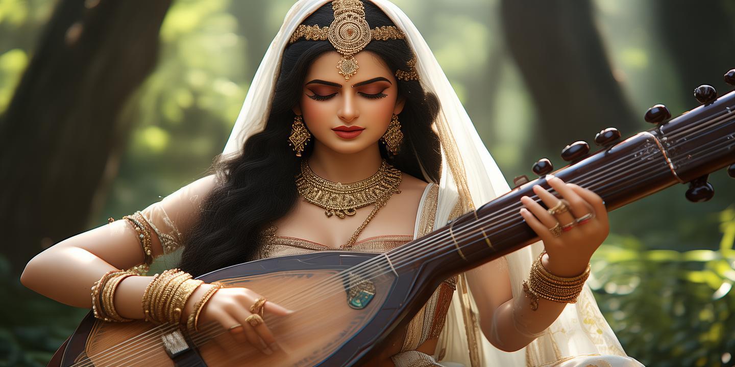 a goddess indian women saraswati , wearing a white saree and gold and playing a sitar in full ecstacy. a front view of the image, sitar in a forest , with her head covered from the saree cloth, created by AI