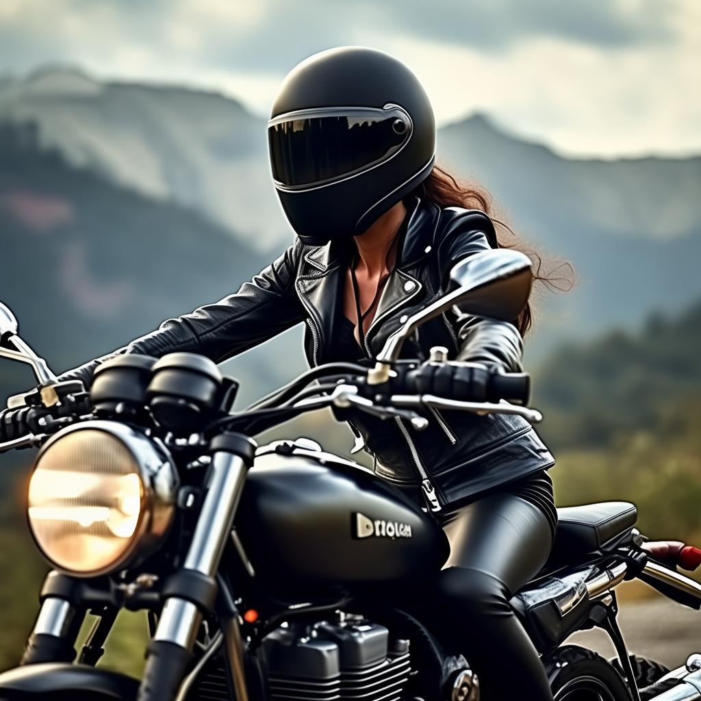 woman riding an enfield, wearing a helmet, in all black leather , biker chick 
face covered in helmet
 created by AI