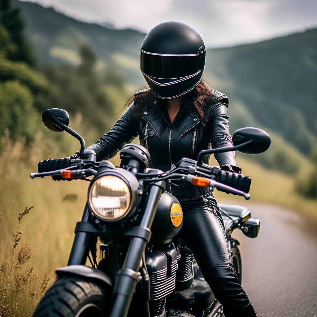 woman riding an enfield, wearing a helmet, in all black leather , biker chick 
face covered in helmet
 created by AI