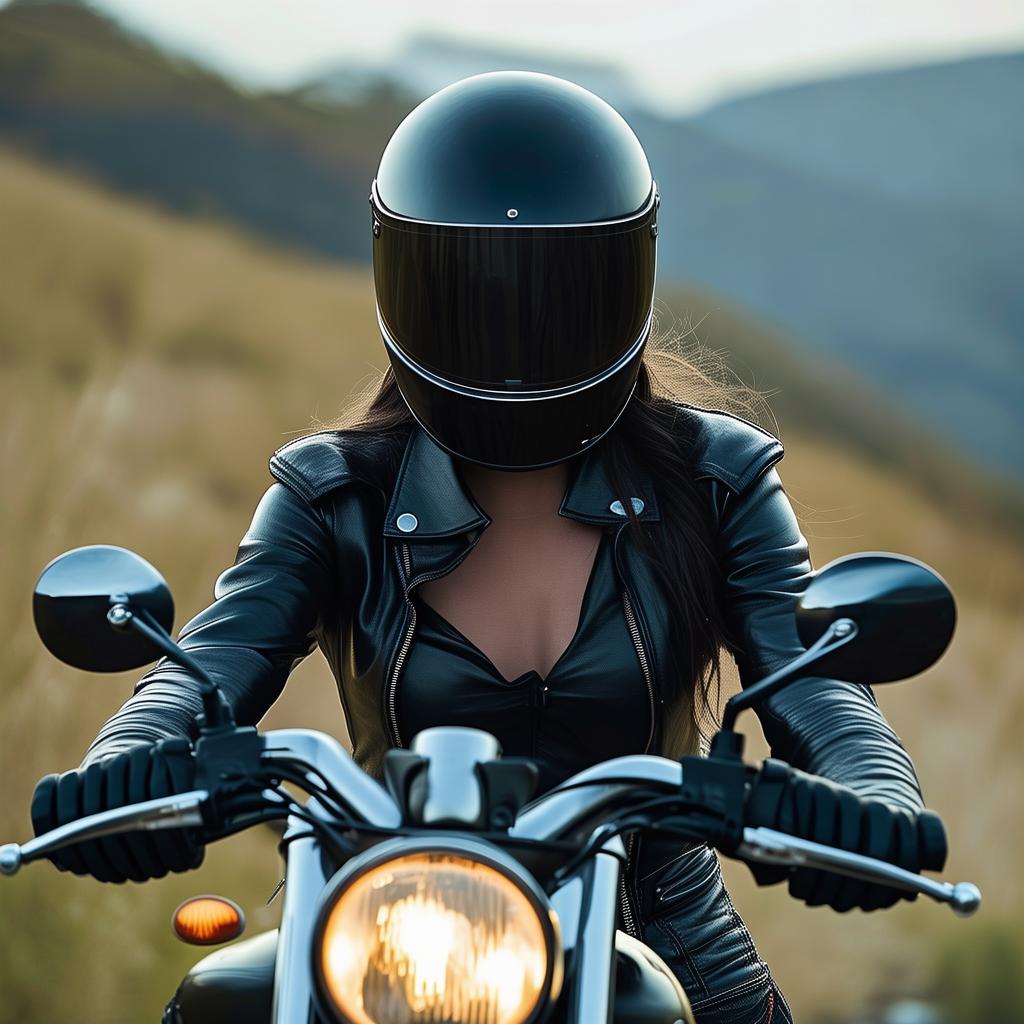 woman riding an enfield, wearing a helmet, in all black leather , biker chick 
face covered in helmet
 created by AI