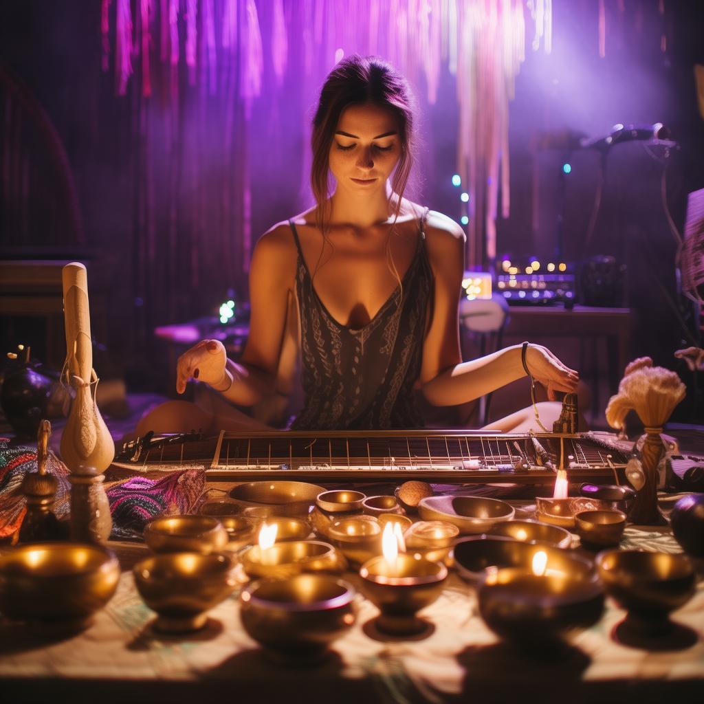 woman doinf sound healing, with all instruments, in front of a crowd , in a rave, add tibetan bowls, rainstick, sitar, and oyher sound healing isnttuments, didgeridoo
 and dj set
 created by AI