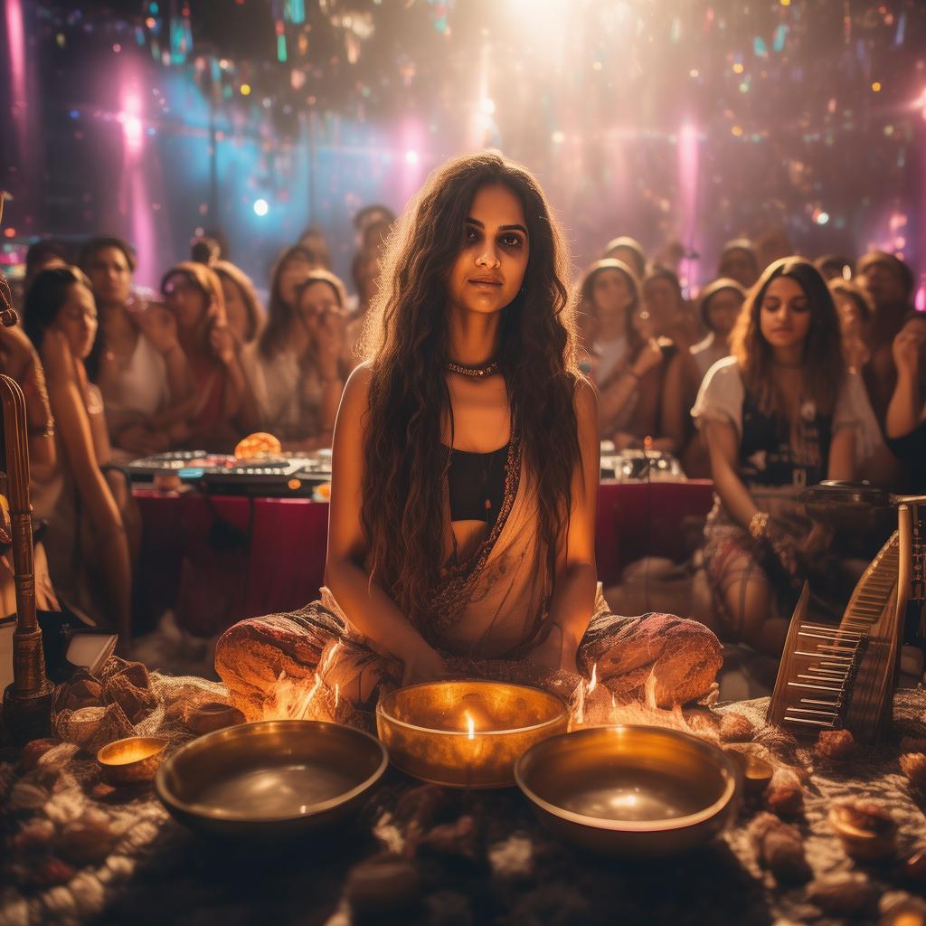 indian woman facilitating sound healing, with all instruments, in front of a crowd , in a rave, add tibetan bowls, rainstick, sitar, and other sound healing instruments, didgeridoo
 and dj set
 created by AI