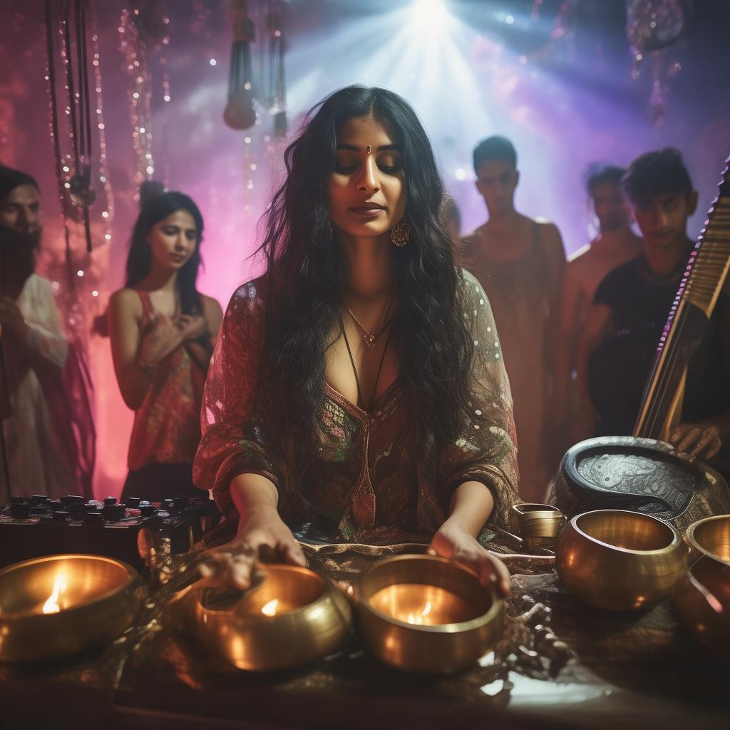 indian woman facilitating sound healing, with all instruments to a crowd , in a rave, add tibetan bowls, rainstick, sitar, and other sound healing instruments, didgeridoo
 and dj set
 created by AI