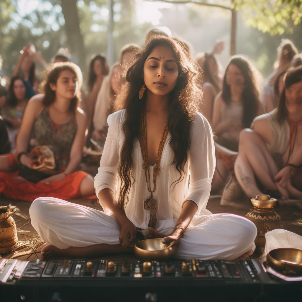 indian woman facilitating sound healing, with all instruments to a crowd , in a rave, add tibetan bowls, rainstick, sitar, and other sound healing instruments, didgeridoo
 and dj set, make the backgoind people betetr and in peace and happy 
 created by AI