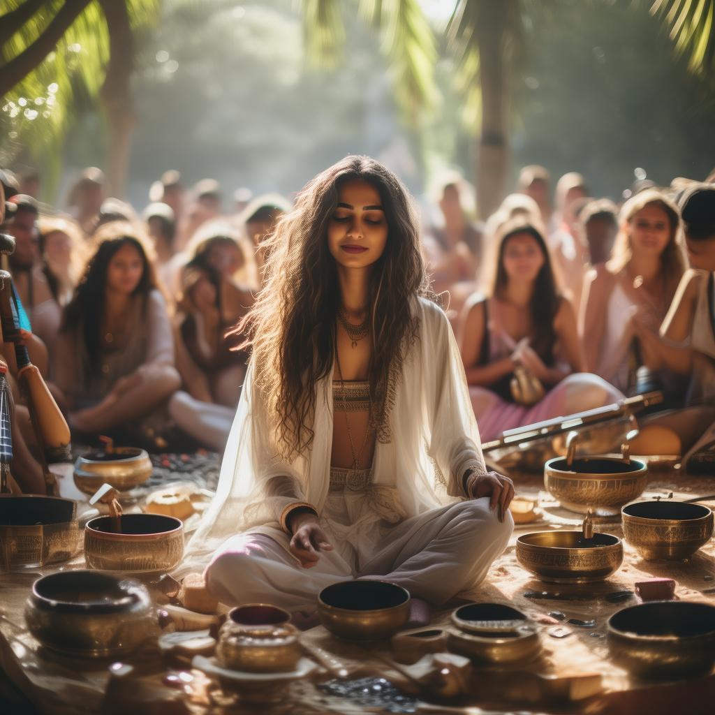 indian woman facilitating sound healing, with all instruments to a crowd , in a rave, add tibetan bowls, rainstick, sitar, and other sound healing instruments, didgeridoo
 and dj set, make the backgoind people betetr and in peace and happy 
 created by AI