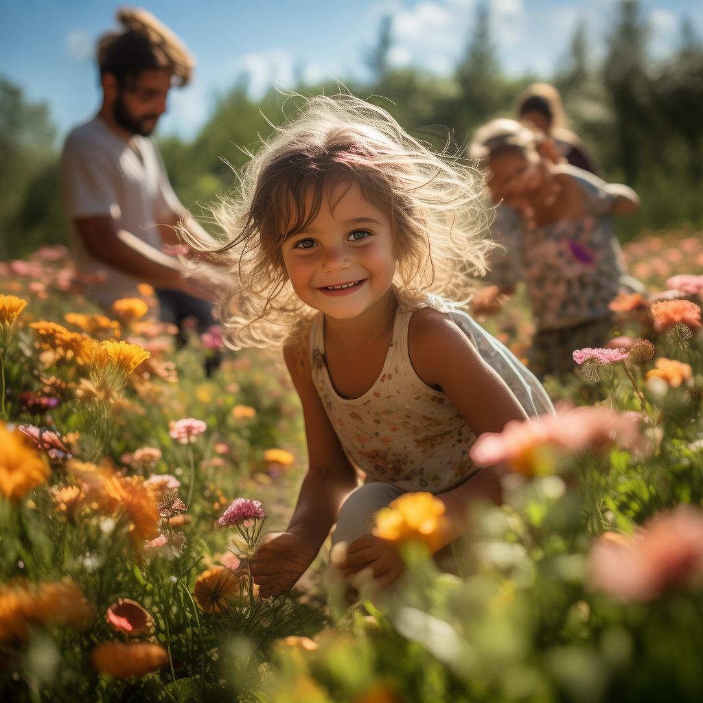 uma menina brincando no quintal de sua casa em um dia de sol junto a sua familia created by AI