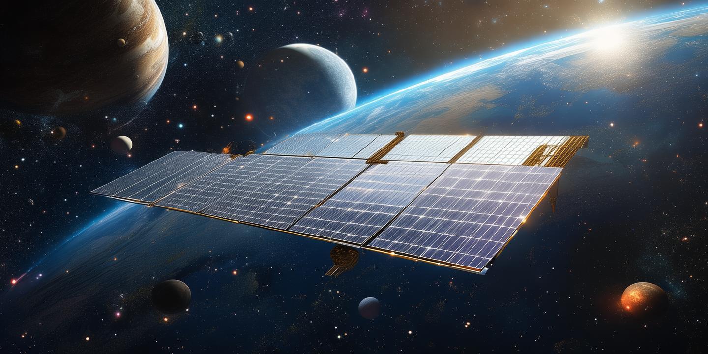 宇宙里，人造卫星打开了太阳翼，背景有大小不一的星球 created by AI