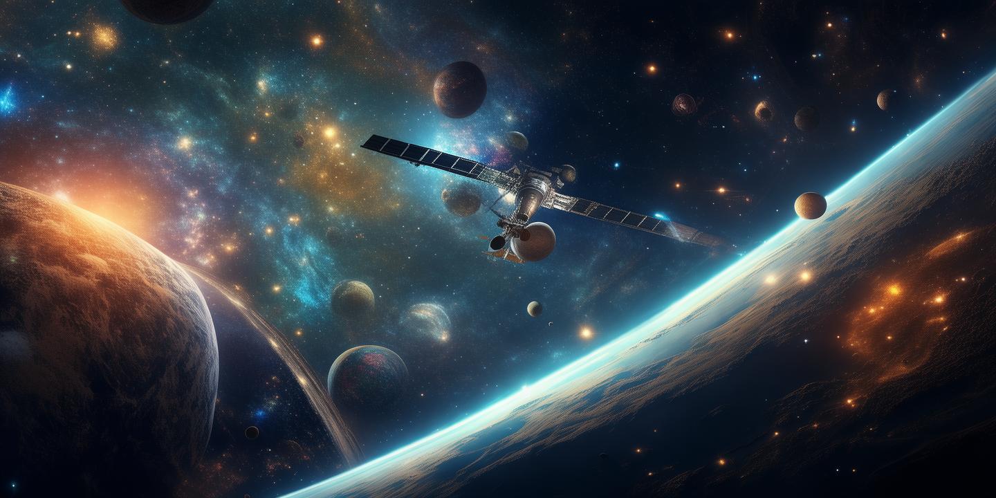 宇宙里的人造卫星，背景有大小不一的星球 created by AI