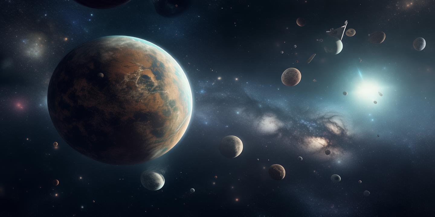 宇宙里的人造卫星，背景有大小不一的星球 created by AI