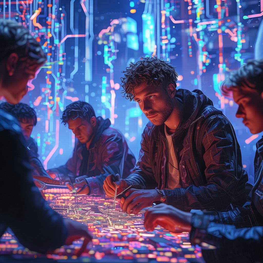 homens mechendo em computadores ,mas em formato de rede vetorizada com fundo espacial com tonalidade azulada
created by AI