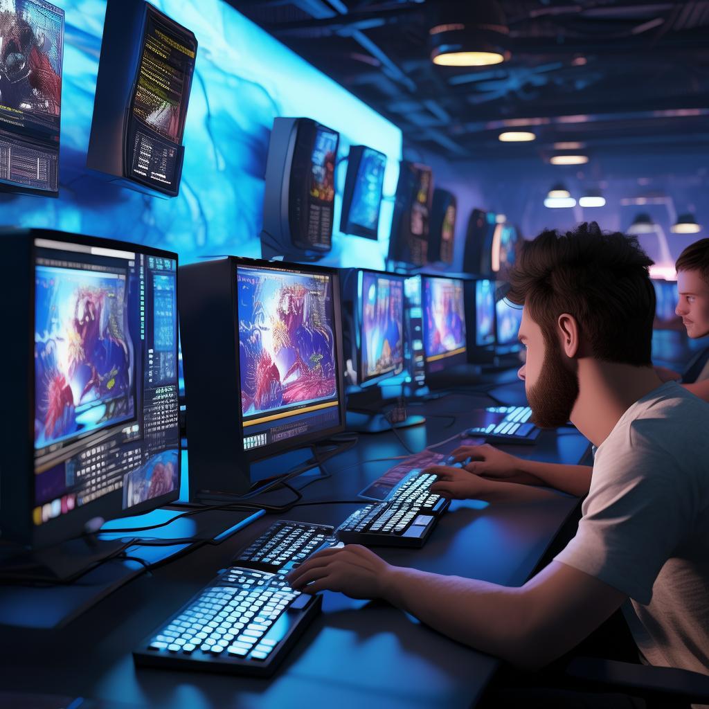 homens mechendo em computadores ,mas em formato de rede vetorizada com fundo espacial com tonalidade azulada
 created by AI