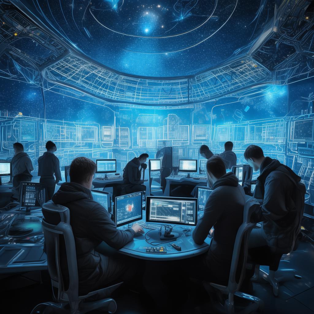 homens mechendo em computadores ,mas em formato de rede vetorizada com fundo espacial com tonalidade azulada
 created by AI