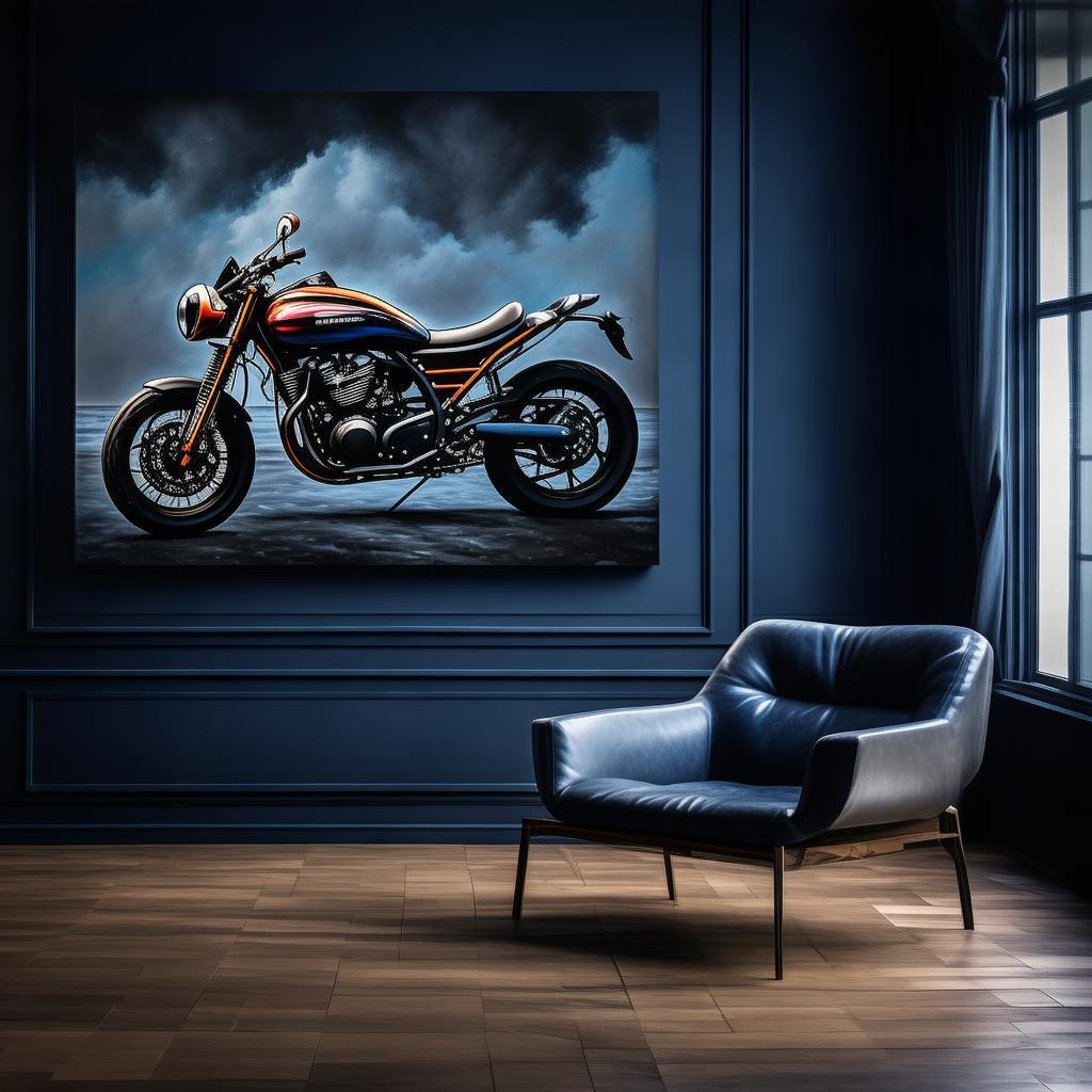 crea un espacio en un lugar sofisticado, donde hay una silla moderna, atras un muro azul donde cuelta un cuadro al oleo dramatico. Este espacio cuenta la historia de un joven con un gusto por las motos created by AI