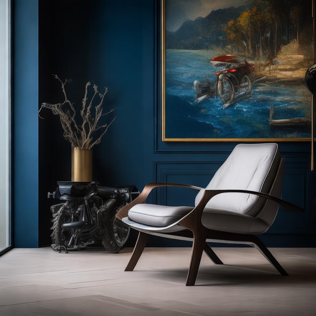 En un exclusivo recinto de estilo sofisticado, contempla un espacio diseñado con una silla moderna de líneas limpias y elegantes. Detrás, un muro de color azul profundo alberga un cuadro al óleo que evoca una atmósfera dramática y emotiva. Este rincón narrativo está dedicado a un joven apasionado por las motos, reflejando su espíritu aventurero y su amor por la velocidad a través de detalles y objetos específicos que lo identifican. created by AI