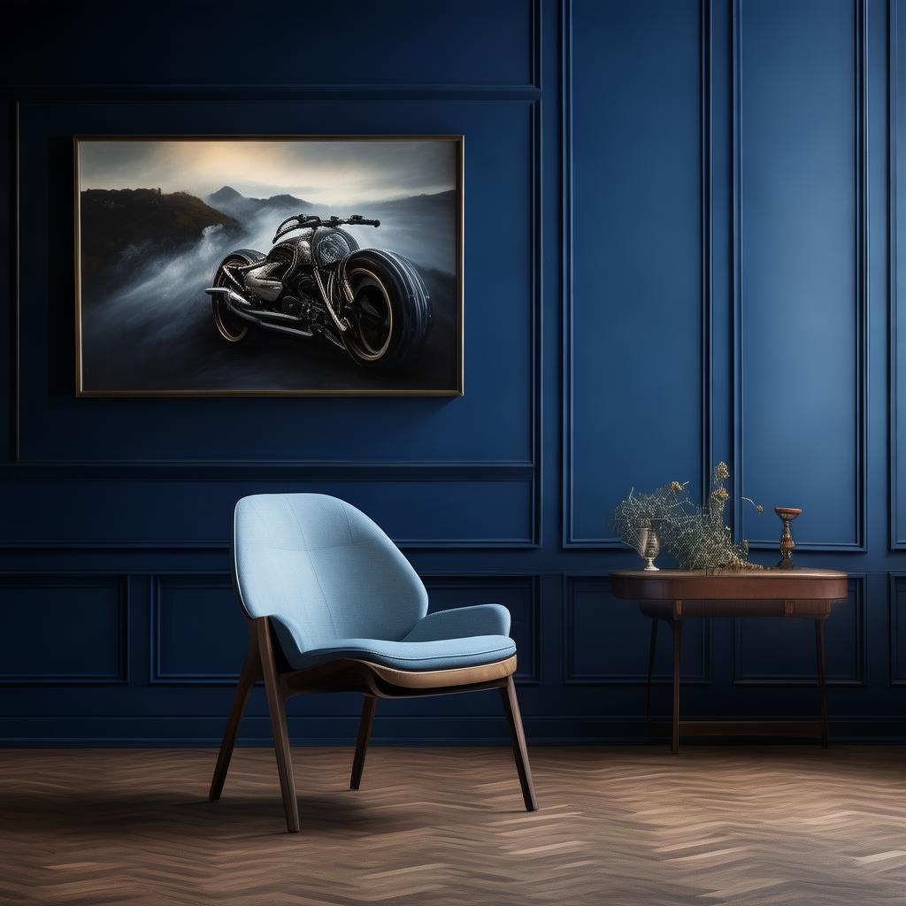 En un exclusivo recinto de estilo sofisticado, contempla un espacio diseñado con una silla moderna de líneas limpias y elegantes. Detrás, un muro de color azul profundo alberga un cuadro al óleo que evoca una atmósfera dramática y emotiva. Este rincón narrativo está dedicado a un joven apasionado por las motos, reflejando su espíritu aventurero y su amor por la velocidad a través de detalles y objetos específicos que lo identifican. created by AI