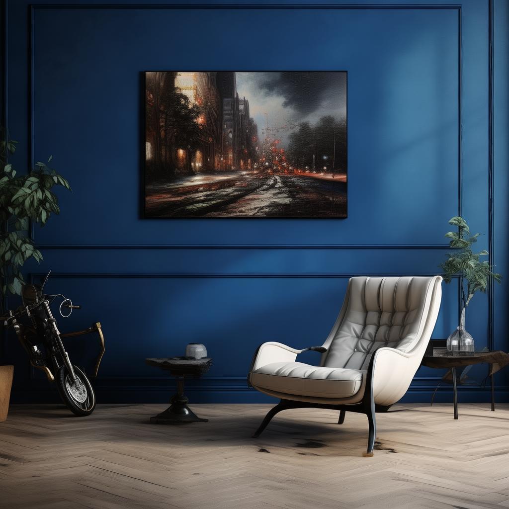 En un exclusivo recinto de estilo sofisticado, contempla un espacio diseñado con una silla moderna de líneas limpias y elegantes. Detrás, un muro de color azul profundo alberga un cuadro al óleo que evoca una atmósfera dramática y emotiva. Este rincón narrativo está dedicado a un joven apasionado por las motos, reflejando su espíritu aventurero y su amor por la velocidad a través de detalles y objetos específicos que lo identifican. ademas que tenga decoración a fin a las motos created by AI