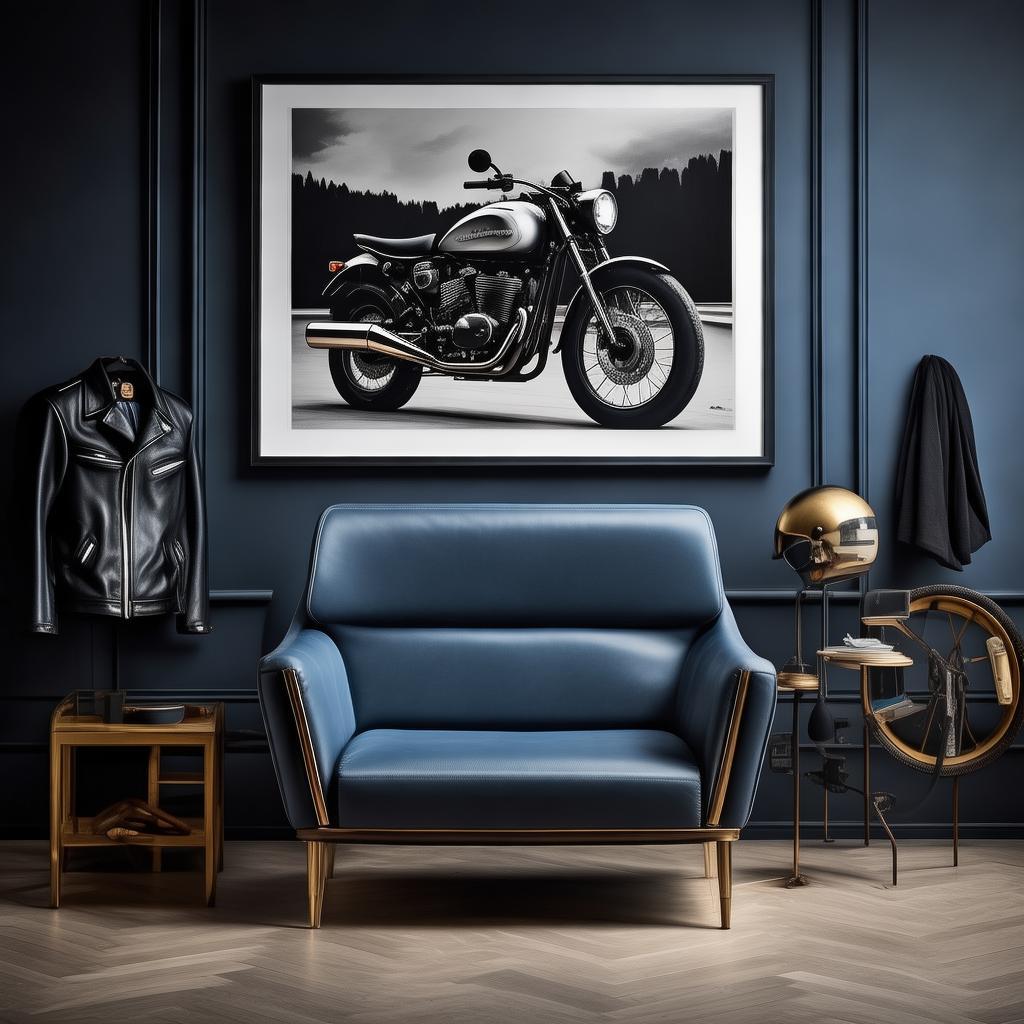 En un exclusivo recinto de estilo sofisticado y lujoso, observa un espacio diseñado con una silla moderna de líneas limpias y elegantes, integrada en un ambiente minimalista. Detrás, un muro de color azul profundo y mate alberga un cuadro al óleo de gran formato, que evoca una atmósfera dramática y emotiva. En este rincón narrativo dedicado a un joven apasionado por las motos, su espíritu aventurero y amor por la velocidad se reflejan a través de detalles y objetos específicos como una casaca de cuero, un casco de motocicleta, y una foto en blanco y negro de una motocicleta clásica. La decoración complementa esta temática con cuadros de motos, llantas antiguas, y accesorios de motocicleta. created by AI