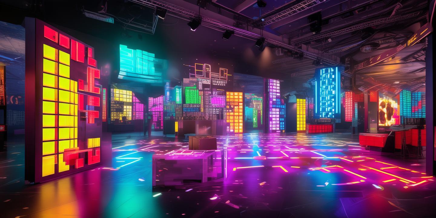 podrias generar una imagen de un evento en un lugar cerrado tipo salón de fiesta, en la que se pueda apreciar una serie de stands de marcas internacionales, y la tematica del evento este orientada al gaming, esta tematica se puede incorporar con el uso d emobiliario, luces, fondos de pared, elementos artisticos, entre otros
podrías repetir el diseño utilizando colores mas vibrantes con como amarillos, rojos, verdes y azules, y que la decoración este orientada al videojuego de Tetris created by AI