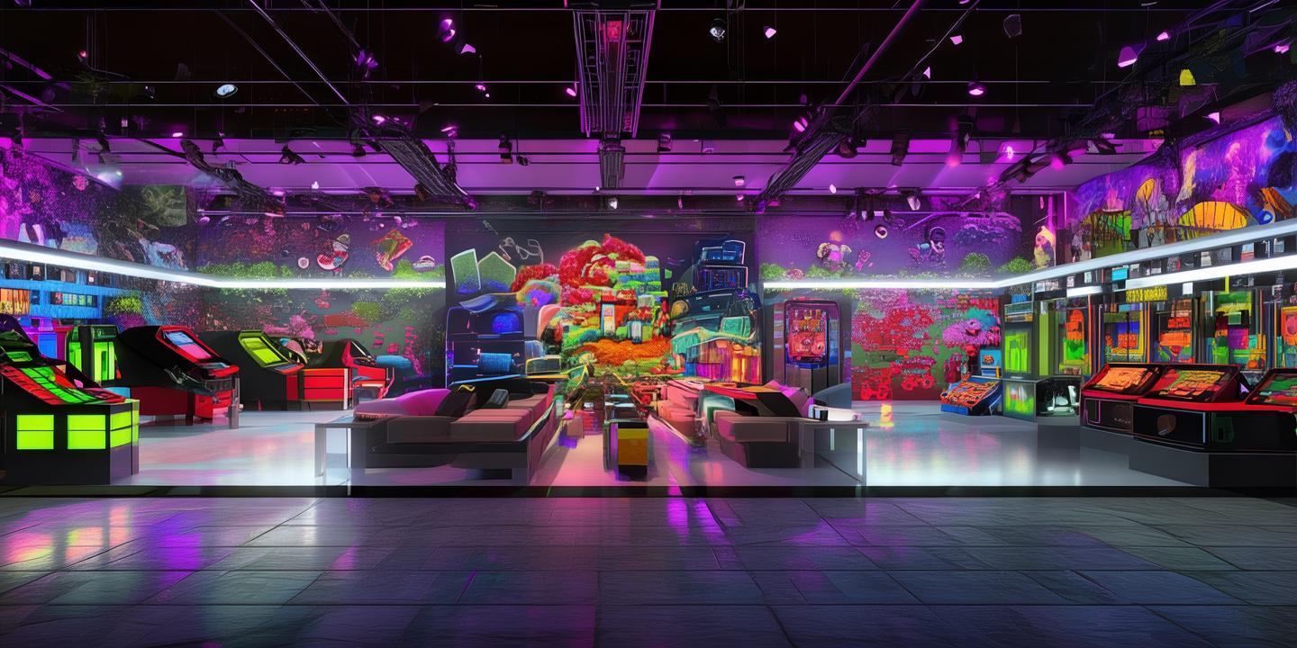 Genera un espacio tipo salon de eventos donde se vean una serie de marcas internacionales expuestas a los clientes. El salon de eventos debe estar ambientado en tematicas de geming como tetris, mario bros, juegos arcade y fifa created by AI