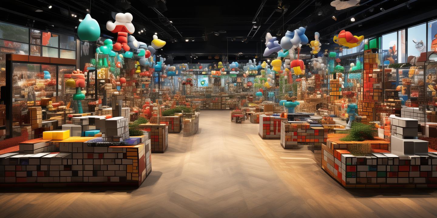 Genera un espacio tipo salon de eventos donde se vean una serie de marcas internacionales expuestas a los clientes. El salon de eventos debe estar ambientado en tematicas de geming como tetris y mario bros created by AI