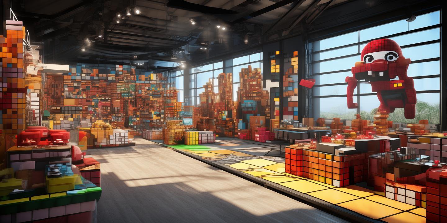 Genera un espacio tipo salon de eventos donde se vean una serie de marcas internacionales expuestas a los clientes. El salon de eventos debe estar ambientado en tematicas de geming como tetris y mario bros created by AI