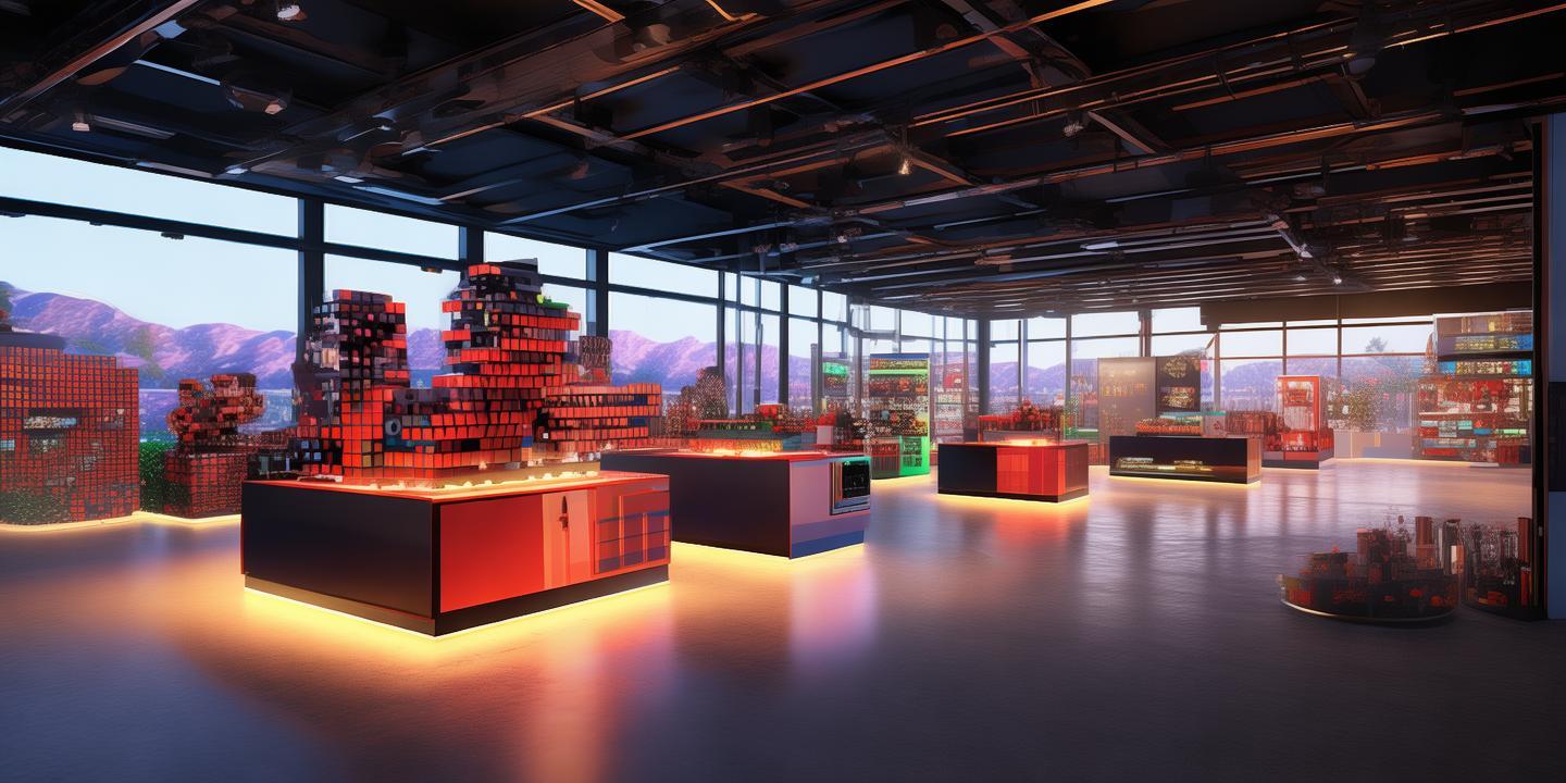 Genera un espacio tipo salon de eventos donde se vean una serie de stands de ventas de marcas internacionales expuestas a los clientes. El salon de eventos debe estar ambientado en tematicas de geming como tetris y mario bros created by AI