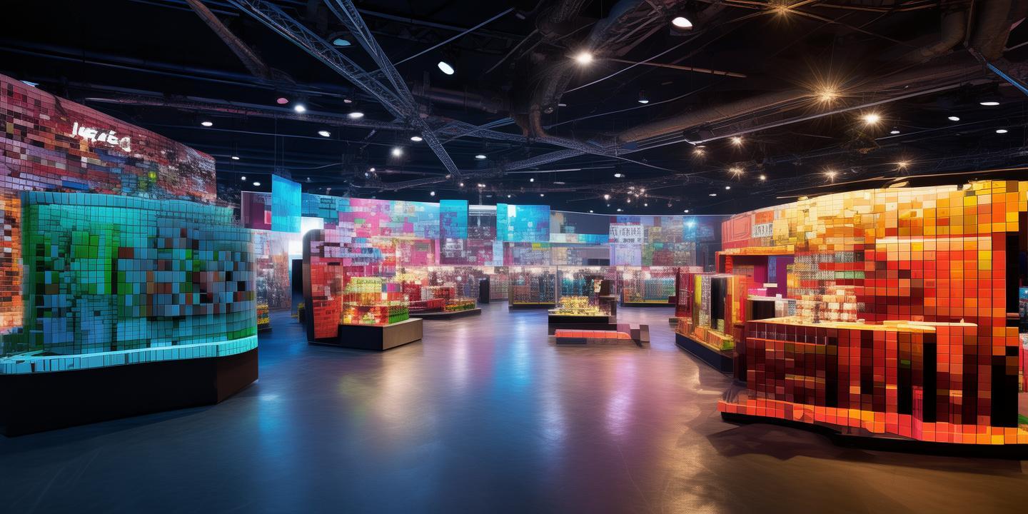 Genera un espacio tipo salon de eventos donde se vean una serie de stands de ventas de marcas internacionales expuestas a los clientes. El salon de eventos debe estar ambientado en tematicas de geming como tetris y mario bros created by AI