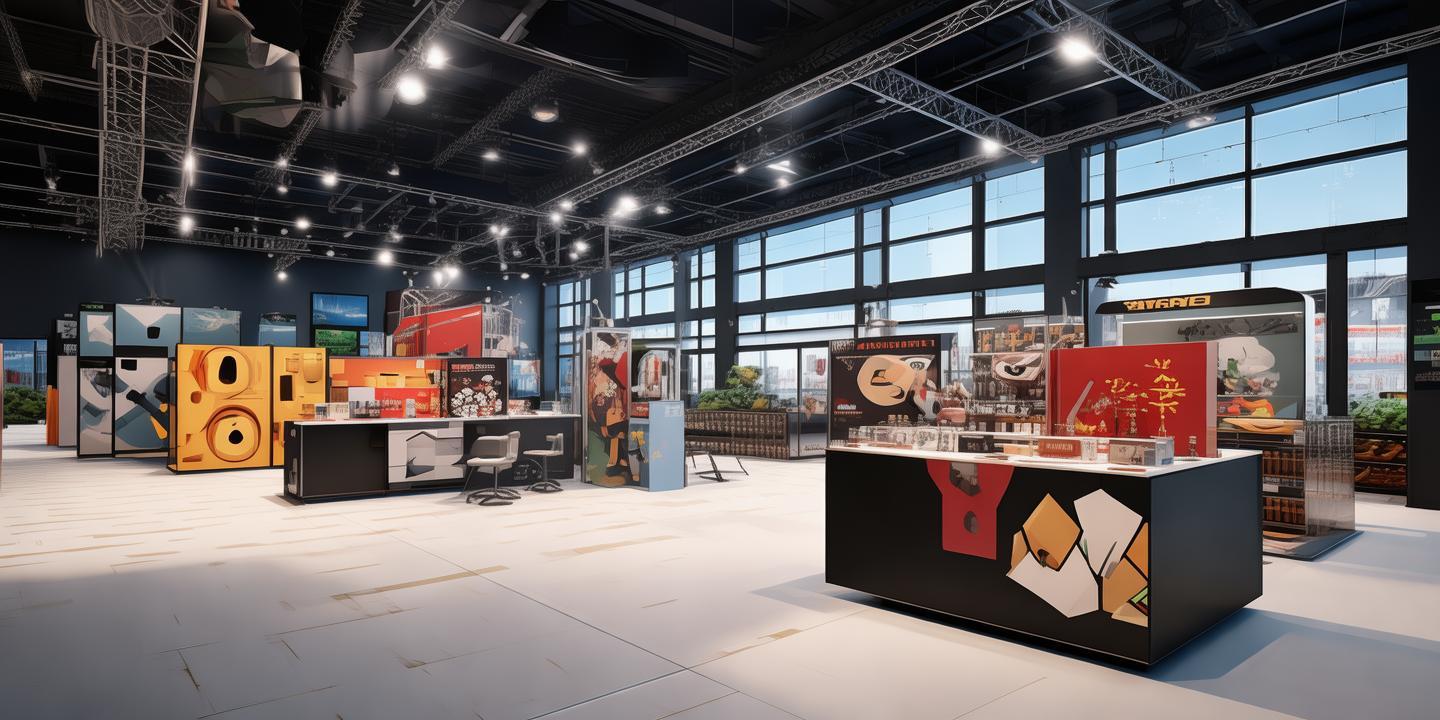 Genera un espacio tipo salon de eventos donde se vean una serie de stands de ventas de marcas internacionales expuestas a los clientes. El salon de eventos debe estar ambientado en tematicas de geming como tetris y mario bros created by AI