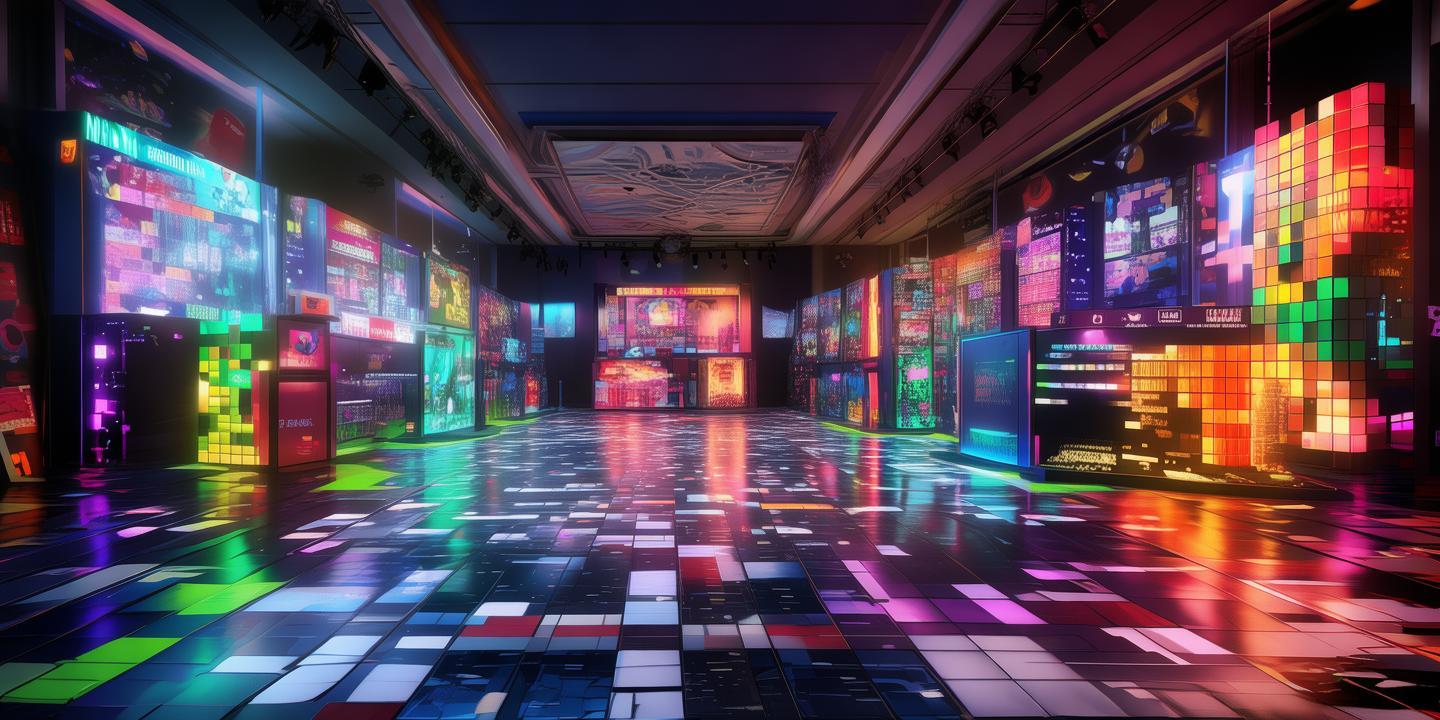 podrias generar una imagen de un evento en un lugar cerrado tipo salón de fiesta, en la que se pueda apreciar una serie de stands de marcas internacionales, y la tematica del evento este orientada al gaming, esta tematica se puede incorporar con el uso de mobiliario, luces, fondos de pared y elementos artísticos. La ambientacion tiene que estar basada en juegos como tetris y mario bros created by AI