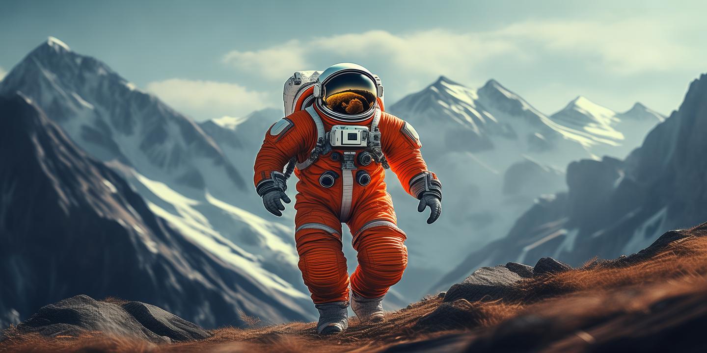 An orange in an astronaut suit travels through the mountains created by AI