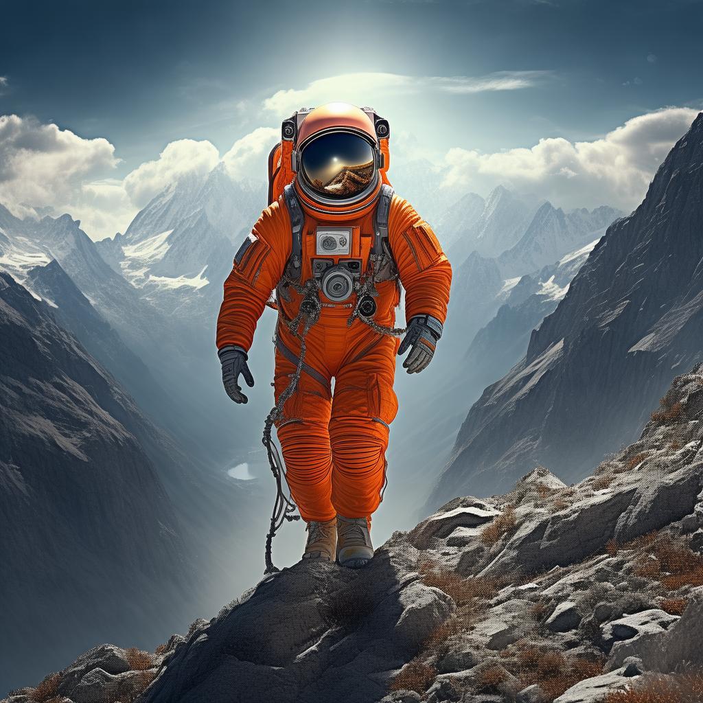 An orange in an astronaut suit travels through the mountains created by AI