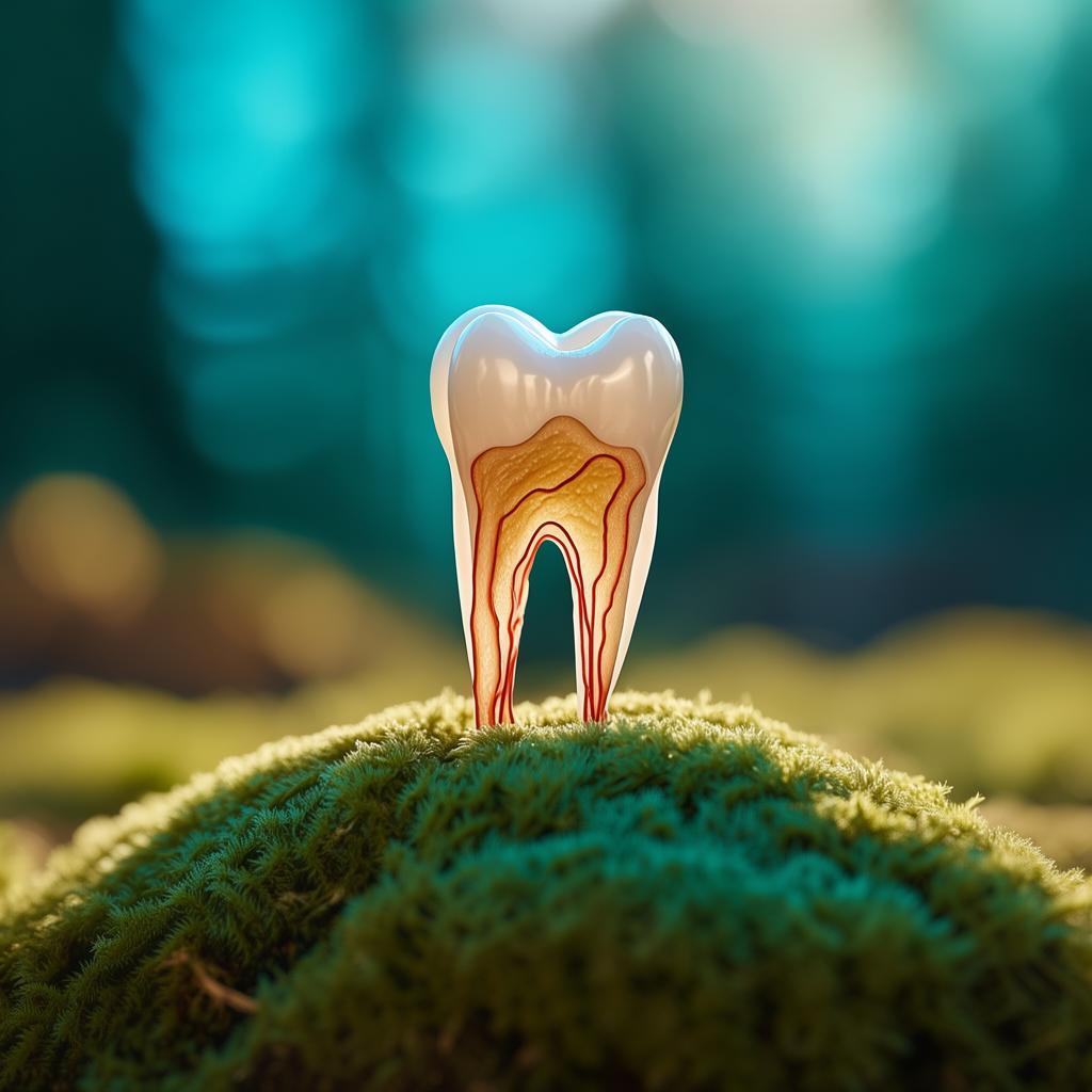 Show me the roots of a tooth with a turquoise background. created by AI
