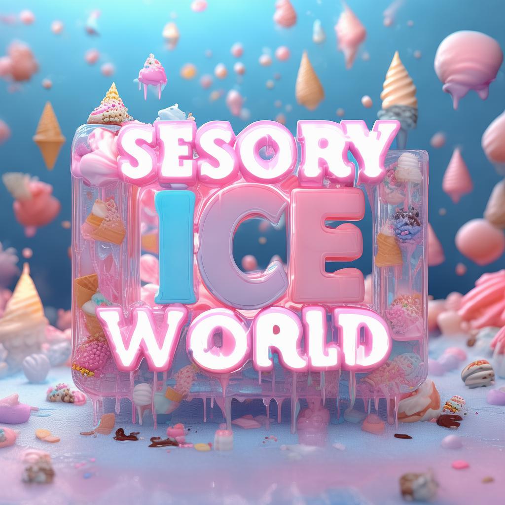 A vibrant 3D text design of 'SESORY ICE WORLD' made of glossy, semi-transparent ice with a smooth, creamy texture resembling melting ice cream. The letters have a swirl of pastel blue, pink, and white colors, with delicious drips of ice cream forming at the edges. Some letters are topped with sprinkles, chocolate syrup, and waffle cone pieces for a playful and appetizing effect. The text is set on a frosty surface with a cold mist effect, and soft neon lights give it a refreshing, inviting glow. The background features an ice cream-themed wonderland with floating scoops, waffle cones, and frozen desserts in a dreamy pastel sky. created by AI