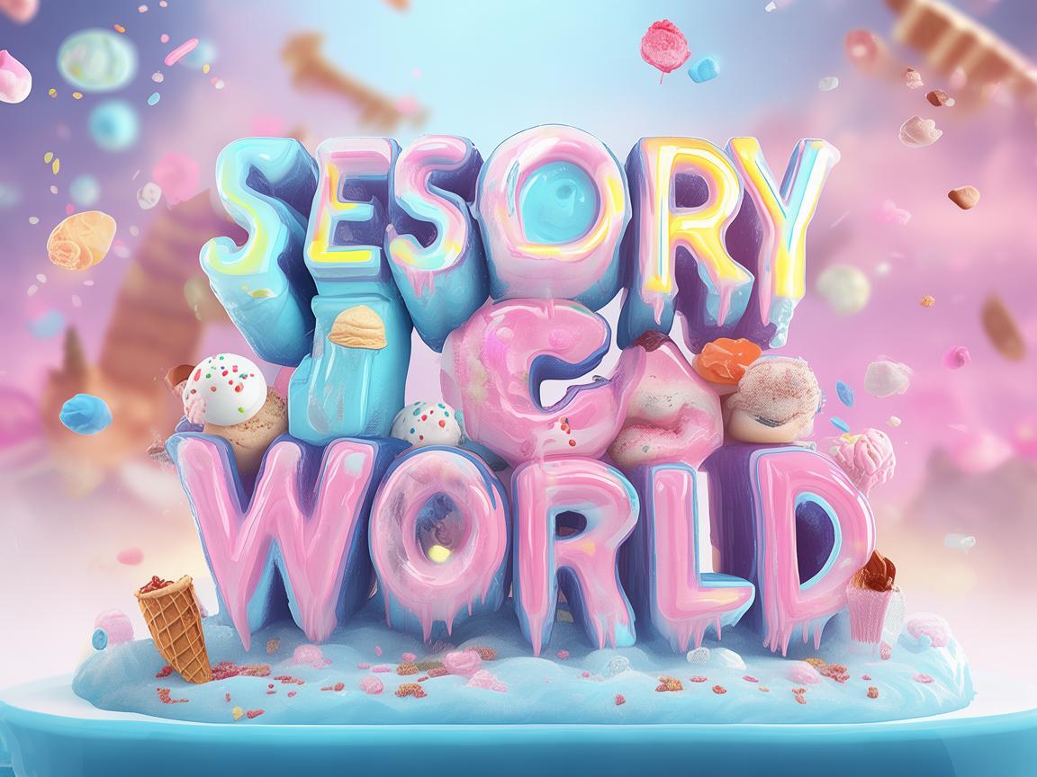 A vibrant 3D text design of 'SESORY ICE WORLD' made of glossy, semi-transparent ice with a smooth, creamy texture resembling melting ice cream. The letters have a swirl of pastel blue, pink, and white colors, with delicious drips of ice cream forming at the edges. Some letters are topped with sprinkles, chocolate syrup, and waffle cone pieces for a playful and appetizing effect. The text is set on a frosty surface with a cold mist effect, and soft neon lights give it a refreshing, inviting glow. The background features an ice cream-themed wonderland with floating scoops, waffle cones, and frozen desserts in a dreamy pastel sky. created by AI