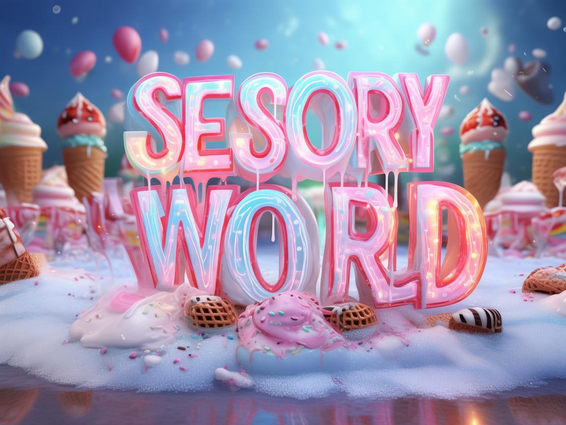 A vibrant 3D text design of 'SESORY ICE WORLD' made of glossy, semi-transparent ice with a smooth, creamy texture resembling melting ice cream. The letters have a swirl of pastel blue, pink, and white colors, with delicious drips of ice cream forming at the edges. Some letters are topped with sprinkles, chocolate syrup, and waffle cone pieces for a playful and appetizing effect. The text is set on a frosty surface with a cold mist effect, and soft neon lights give it a refreshing, inviting glow. The background features an ice cream-themed wonderland with floating scoops, waffle cones, and frozen desserts in a dreamy pastel sky. created by AI
