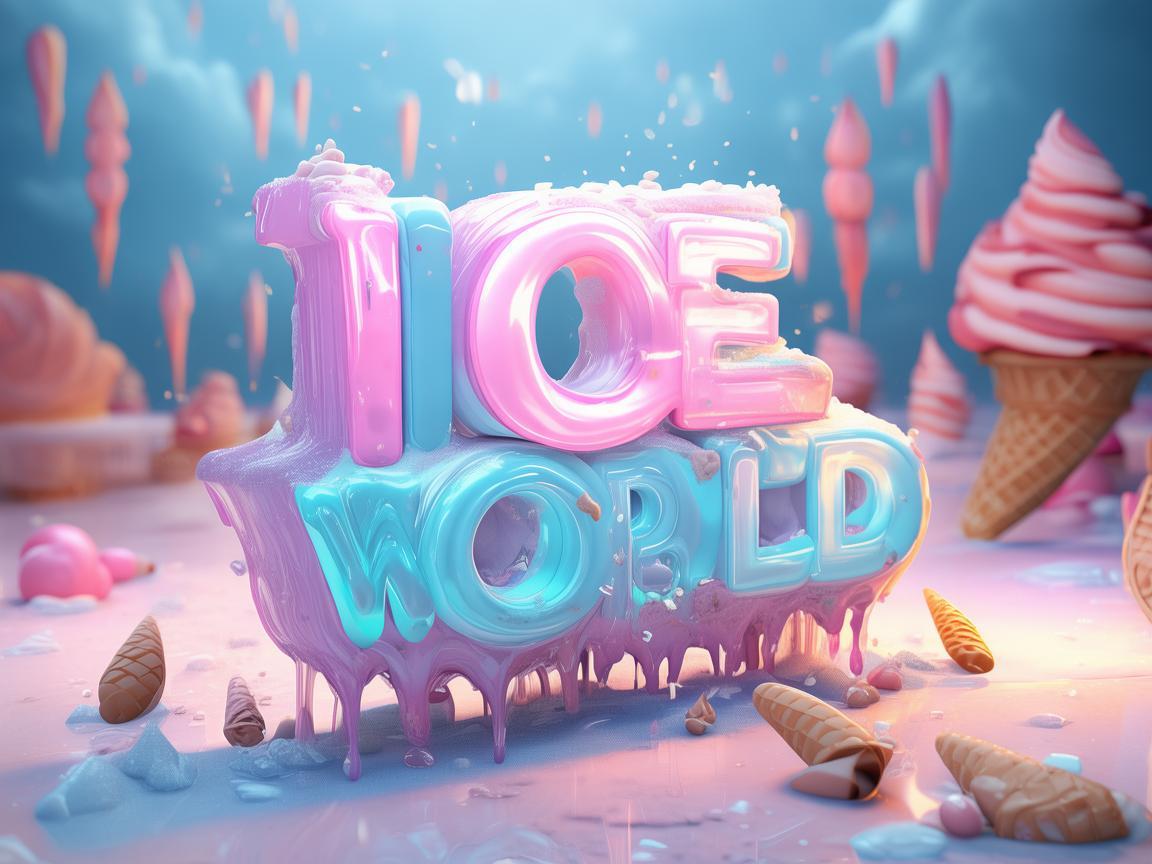 A vibrant 3D text design of 'SESORY ICE WORLD' made of glossy, semi-transparent ice with a smooth, creamy texture resembling melting ice cream. The letters have a swirl of pastel blue, pink, and white colors, with delicious drips of ice cream forming at the edges. Some letters are topped with sprinkles, chocolate syrup, and waffle cone pieces for a playful and appetizing effect. The text is set on a frosty surface with a cold mist effect, and soft neon lights give it a refreshing, inviting glow. The background features an ice cream-themed wonderland with floating scoops, waffle cones, and frozen desserts in a dreamy pastel sky. created by AI