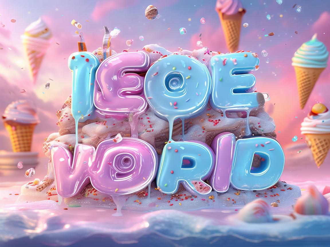 A vibrant 3D text design of 'SESORY ICE WORLD' made of glossy, semi-transparent ice with a smooth, creamy texture resembling melting ice cream. The letters have a swirl of pastel blue, pink, and white colors, with delicious drips of ice cream forming at the edges. Some letters are topped with sprinkles, chocolate syrup, and waffle cone pieces for a playful and appetizing effect. The text is set on a frosty surface with a cold mist effect, and soft neon lights give it a refreshing, inviting glow. The background features an ice cream-themed wonderland with floating scoops, waffle cones, and frozen desserts in a dreamy pastel sky. created by AI