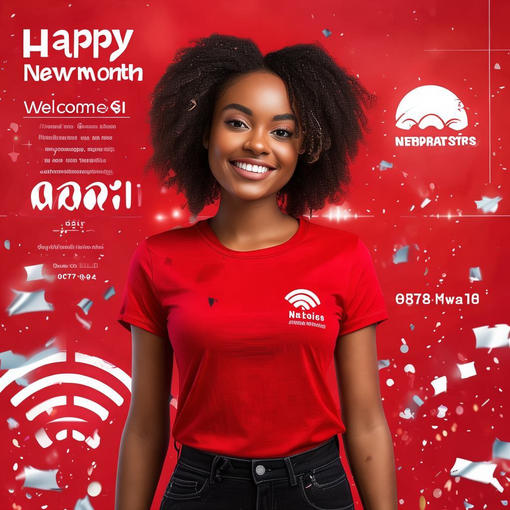 A promotional digital artwork featuring a young African woman with a warm smile, celebrating the start of April. She has a confident and approachable look, with realistic skin texture and natural facial features. She is wearing a red Netbits-branded t-shirt with the logo and a white Wi-Fi icon prominently displayed on the chest. Her black jeans complement the Netbits color theme.
She stands against a vibrant, eye-catching red background, which is decorated with subtle digital patterns, including abstract waveforms and connectivity symbols. Around her, there are dynamic graphic elements like confetti and sparkles, creating a festive and welcoming mood for the new month.
At the top, bold white text reads ‘Happy New Month’ in an elegant and modern font. Below, a subtitle welcomes April with an inspiring message. The bottom section features a prominent call-to-action, encouraging people to connect with Netbits. A phone number ‘0727 747 910’ is clearly displayed in white text.
The lighting is soft and well-balanced, casting natural highlights and shadows on the woman’s face and clothing, enhancing realism. The entire scene gives a warm, exciting, and professional feel, making it perfect for an Instagram post promoting Netbits Internet services. created by AI
