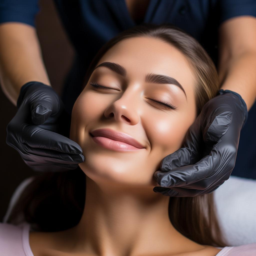 A professional beauty studio with a modern, elegant aesthetic. A close-up of a woman receiving a subtle facial lifting treatment, her skin glowing naturally. The esthetician wears a dark blue uniform, black gloves, and a face mask, applying a non-invasive technique. The background is soft and blurred, creating a luxurious and calming atmosphere. The woman looks relaxed and happy, highlighting the concept of effortless beauty. High-resolution, soft lighting, professional photography. created by AI
