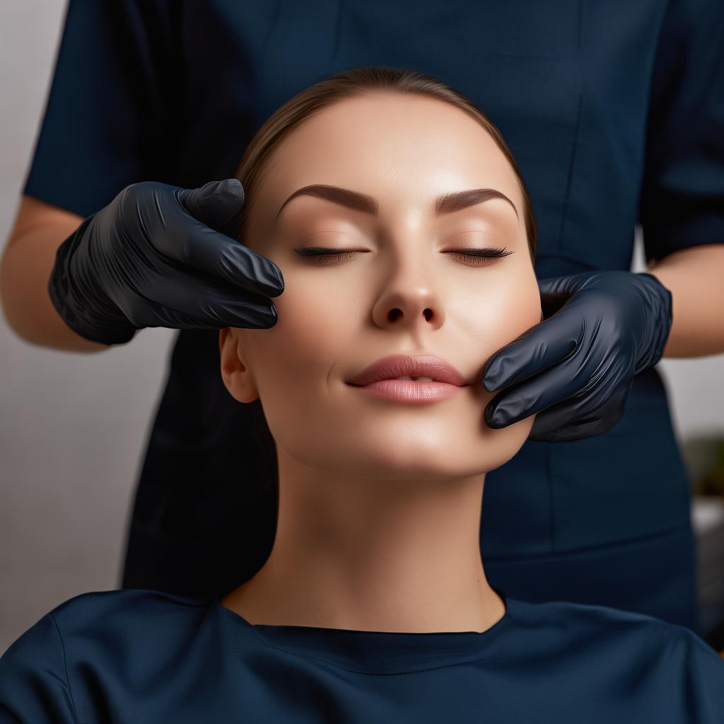 A professional beauty studio with a modern, elegant aesthetic. A woman receiving a subtle facial lifting treatment, her skin glowing naturally. The esthetician wears a dark blue uniform, black gloves, and a face mask, applying a non-invasive technique. The background is soft and blurred, creating a luxurious and calming atmosphere. The woman looks relaxed and happy, highlighting the concept of effortless beauty. High-resolution, soft lighting, professional photography. created by AI