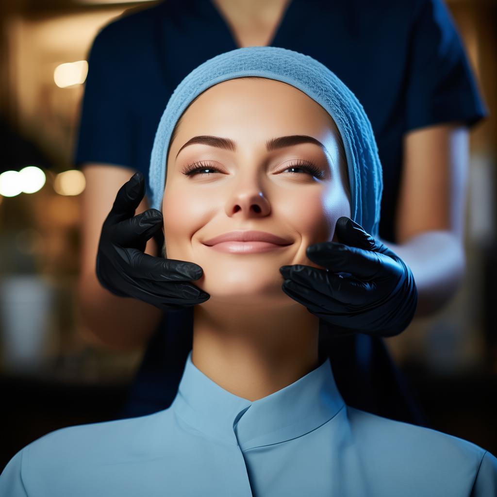 A professional beauty studio with a modern, elegant aesthetic. A woman receiving a subtle facial lifting treatment, her skin glowing naturally. The esthetician wears a dark blue uniform, black gloves, and a face mask, applying a non-invasive technique. The background is soft and blurred, creating a luxurious and calming atmosphere. The woman looks relaxed and happy, highlighting the concept of effortless beauty. High-resolution, soft lighting, professional photography. created by AI
