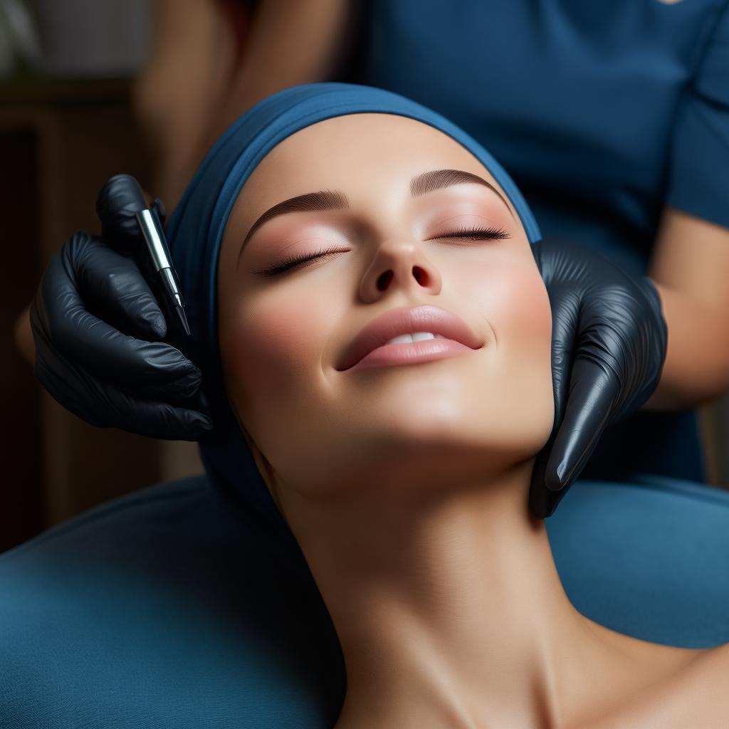 A professional beauty studio with a modern, elegant aesthetic. A woman receiving a subtle facial lifting treatment, her skin glowing naturally. The esthetician wears a dark blue uniform, black gloves, and a face mask, applying a non-invasive technique. The background is soft and blurred, creating a luxurious and calming atmosphere. The woman looks relaxed and happy, highlighting the concept of effortless beauty. High-resolution, soft lighting, professional photography. created by AI