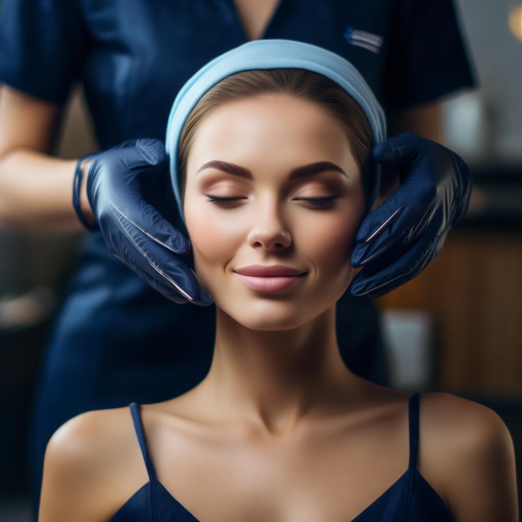 A professional beauty studio with a modern, elegant aesthetic. A woman receiving a subtle facial lifting treatment, her skin glowing naturally. The esthetician wears a dark blue uniform, black gloves, and a face mask, applying a non-invasive technique. The background is soft and blurred, creating a luxurious and calming atmosphere. The woman looks relaxed and happy, highlighting the concept of effortless beauty. High-resolution, soft lighting, professional photography. created by AI